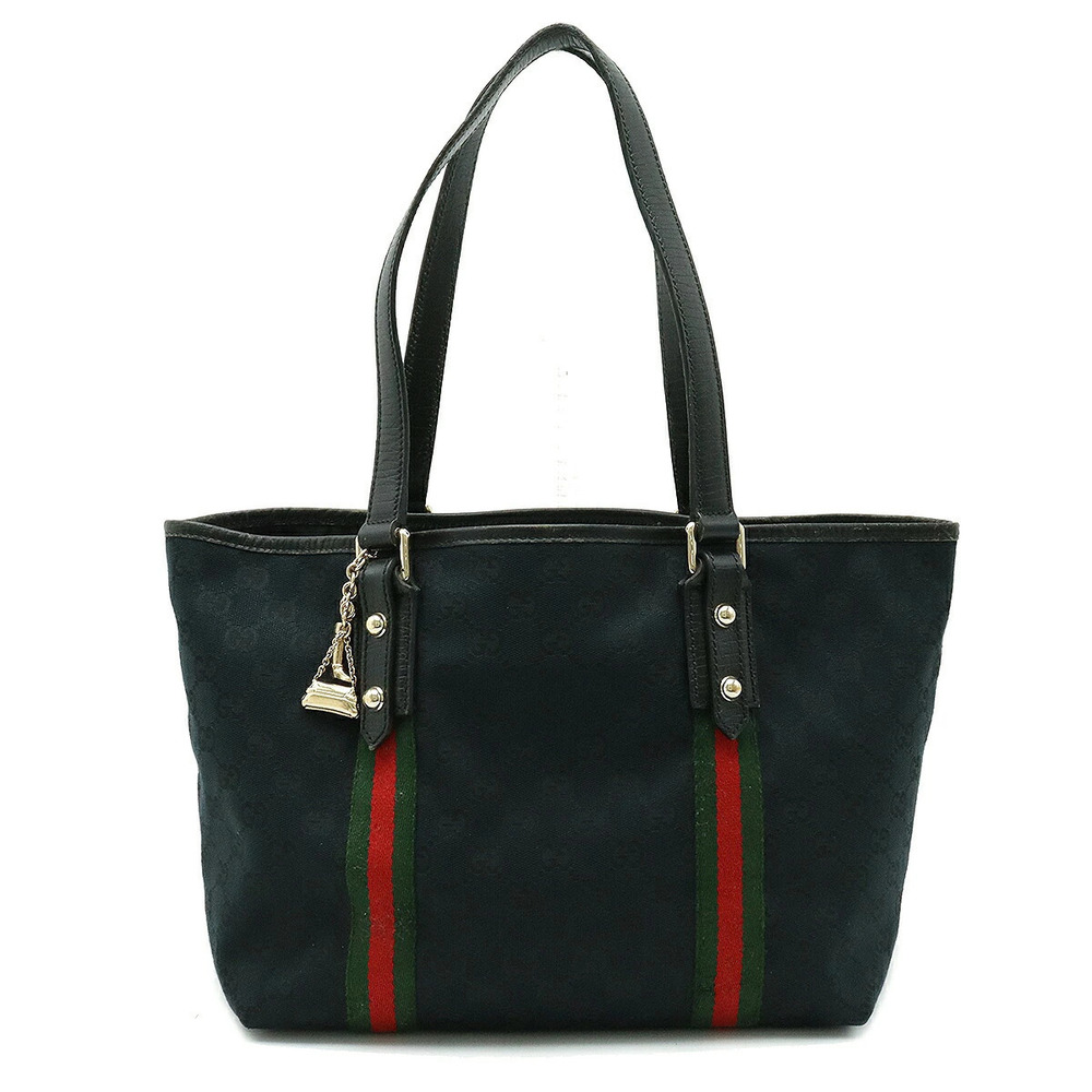 Gucci GG Canvas Sherry Tote Bag Shoulder Leather Black Green Red Charm
